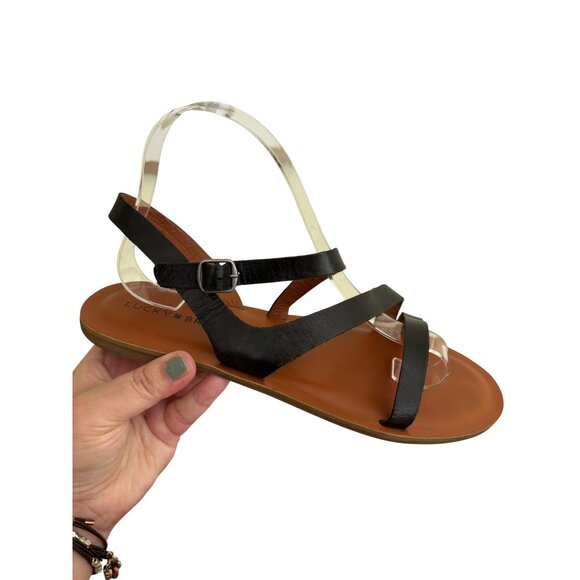 Lucky Brand Black Leather Strappy Flat Sandals Womens Size 8.5M, 39 - Picture 5 of 10